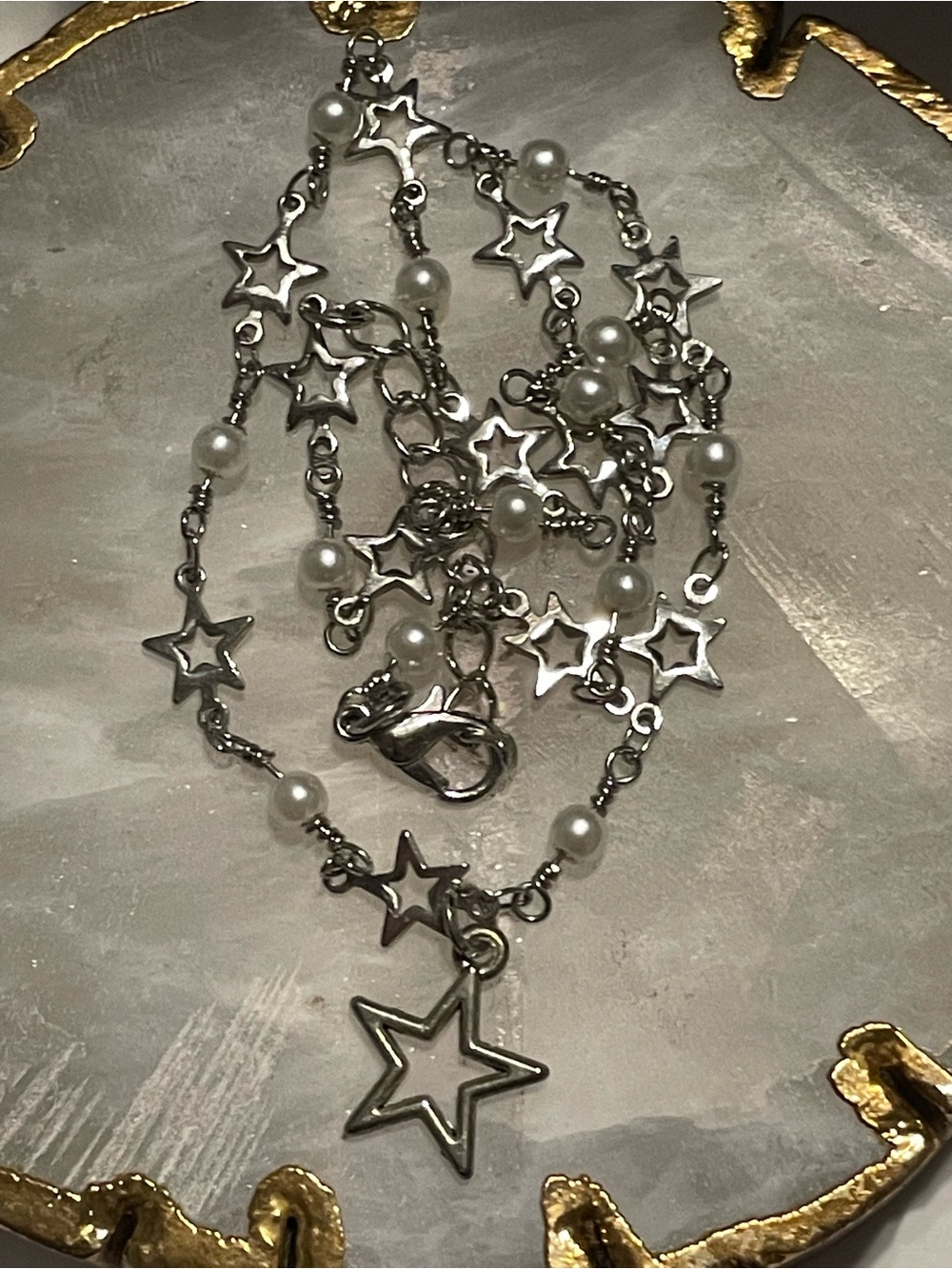 Silver Tone Faux Pearl Star Necklace #8916